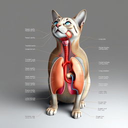 An ultra-detailed anatomical illustration of a cat's respiratory system, showcasing the intricate structures such as the nasal cavity, trachea, bronchi, and lung lobes