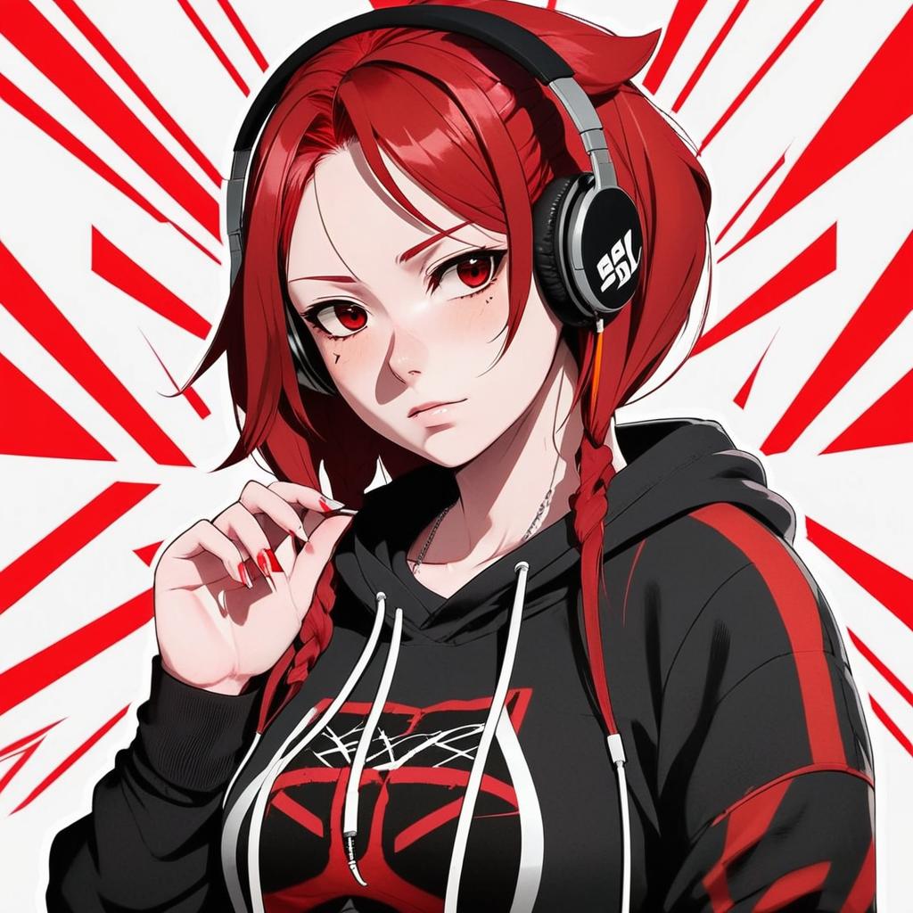 Red-haired girl, with red eyes and a curvy body wearing a croptop with a graphic design, earphones on her ears, and a serious expression.
