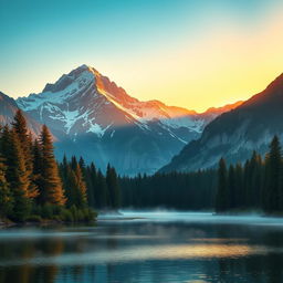 A digitally edited photograph of a serene mountain landscape at sunrise