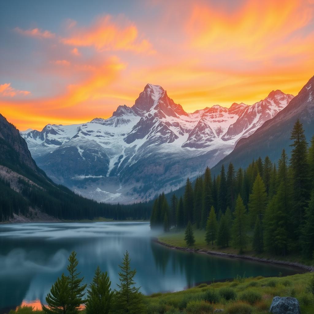 A digitally edited photograph of a serene mountain landscape at sunrise