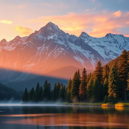 A digitally edited photograph of a serene mountain landscape at sunrise