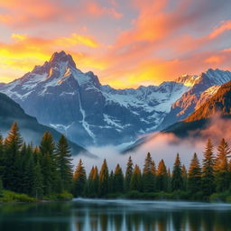 A digitally edited photograph of a serene mountain landscape at sunrise