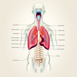 An ultra-detailed and anatomical illustration of the human respiratory system, showcasing all components such as the trachea, bronchi, lungs, alveoli, and diaphragm