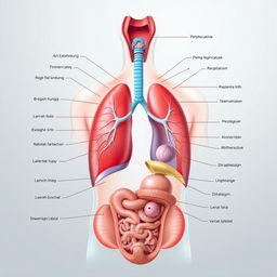 An ultra-detailed and anatomical illustration of the human respiratory system, showcasing all components such as the trachea, bronchi, lungs, alveoli, and diaphragm