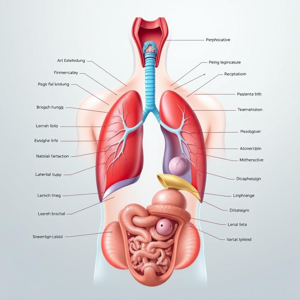 An ultra-detailed and anatomical illustration of the human respiratory system, showcasing all components such as the trachea, bronchi, lungs, alveoli, and diaphragm
