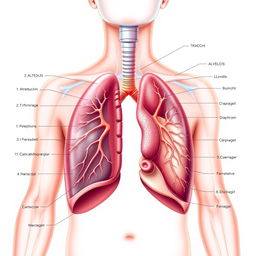 An ultra-detailed and anatomical illustration of the human respiratory system, showcasing all components such as the trachea, bronchi, lungs, alveoli, and diaphragm