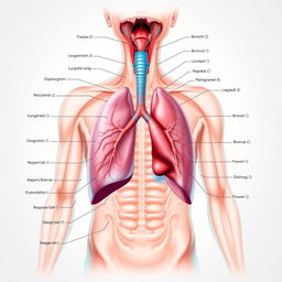 An ultra-detailed and anatomical illustration of the human respiratory system, showcasing all components such as the trachea, bronchi, lungs, alveoli, and diaphragm