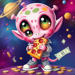 A fictional cute alien character with large expressive eyes, vibrant pink skin adorned with playful patterns, and a cheerful demeanor, happily munching on a slice of pepperoni pizza while surrounded by scattered coins and dollar bills