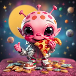 A fictional cute alien character with large expressive eyes, vibrant pink skin adorned with playful patterns, and a cheerful demeanor, happily munching on a slice of pepperoni pizza while surrounded by scattered coins and dollar bills