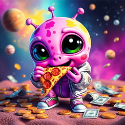 A fictional cute alien character with large expressive eyes, vibrant pink skin adorned with playful patterns, and a cheerful demeanor, happily munching on a slice of pepperoni pizza while surrounded by scattered coins and dollar bills