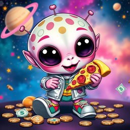 A fictional cute alien character with large expressive eyes, vibrant pink skin adorned with playful patterns, and a cheerful demeanor, happily munching on a slice of pepperoni pizza while surrounded by scattered coins and dollar bills