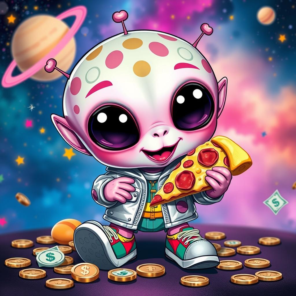 A fictional cute alien character with large expressive eyes, vibrant pink skin adorned with playful patterns, and a cheerful demeanor, happily munching on a slice of pepperoni pizza while surrounded by scattered coins and dollar bills