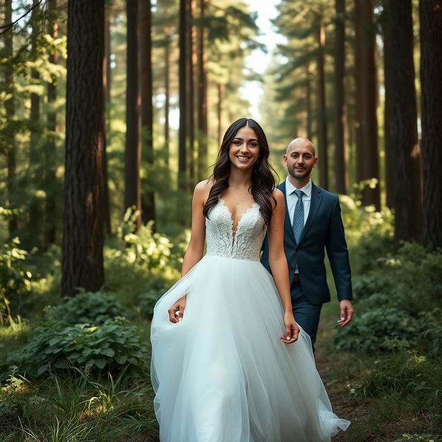 A young Italian woman with dark long wavy hair and captivating blue eyes, resembling Mila Kunis, dressed in a stunning wedding gown, walking through a serene forest