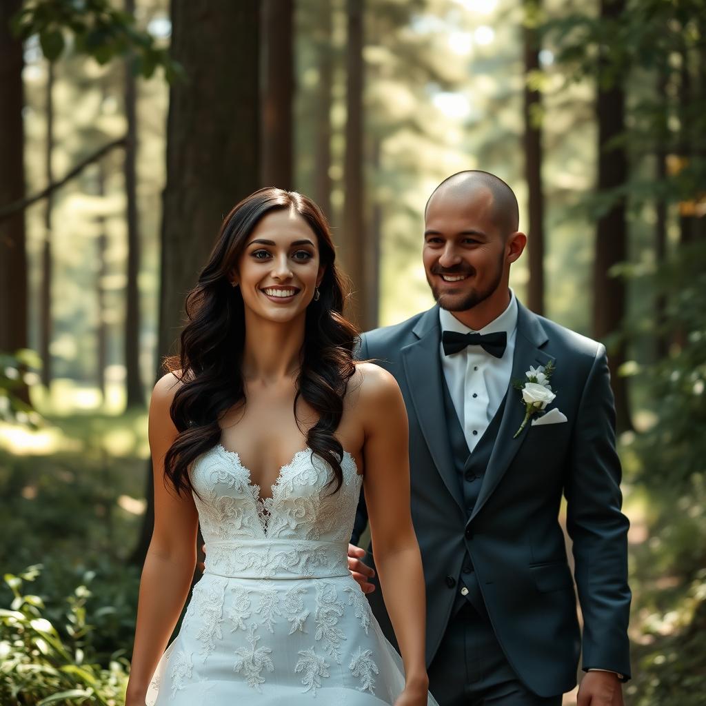 A young Italian woman with dark long wavy hair and captivating blue eyes, resembling Mila Kunis, dressed in a stunning wedding gown, walking through a serene forest