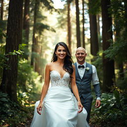 A young Italian woman with dark long wavy hair and captivating blue eyes, resembling Mila Kunis, dressed in a stunning wedding gown, walking through a serene forest