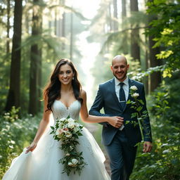 A young Italian woman with dark long wavy hair and captivating blue eyes, resembling Mila Kunis, dressed in a stunning wedding gown, walking through a serene forest