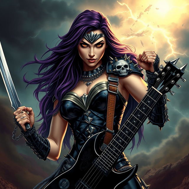 A powerful female superhero inspired by Wonder Woman, with a dark and edgy twist, embodying the essence of death metal