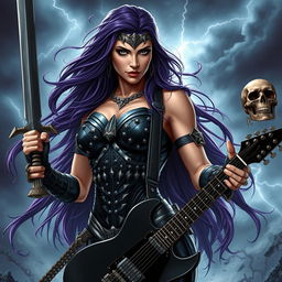 A powerful female superhero inspired by Wonder Woman, with a dark and edgy twist, embodying the essence of death metal
