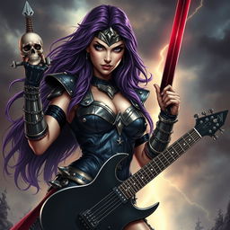 A powerful female superhero inspired by Wonder Woman, with a dark and edgy twist, embodying the essence of death metal