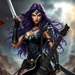 A powerful female superhero inspired by Wonder Woman, with a dark and edgy twist, embodying the essence of death metal