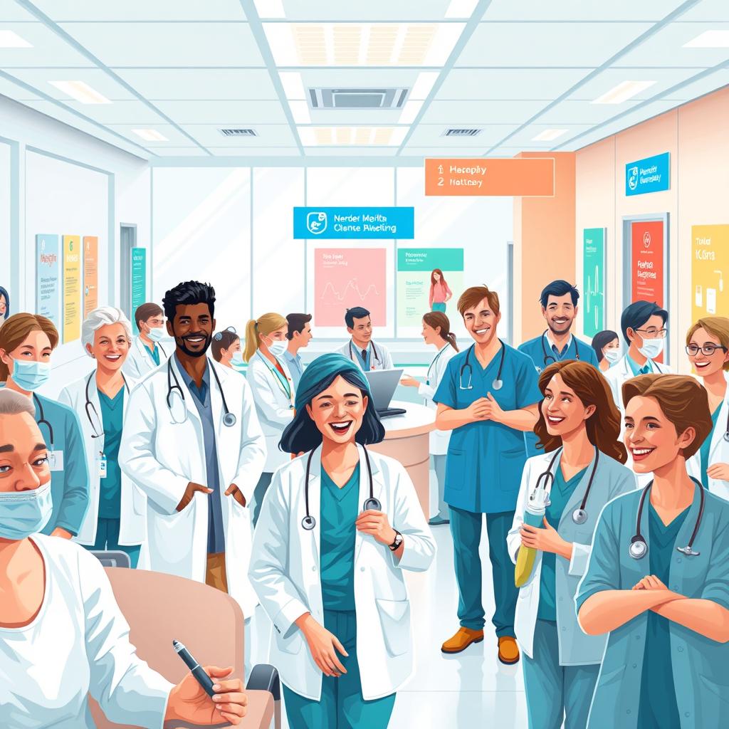 A stylized depiction of a vibrant, bustling one-payer healthcare system in action