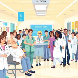 A stylized depiction of a vibrant, bustling one-payer healthcare system in action