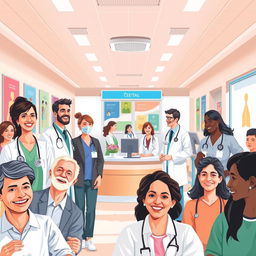 A stylized depiction of a vibrant, bustling one-payer healthcare system in action