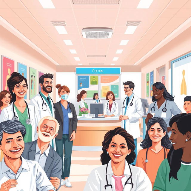 A stylized depiction of a vibrant, bustling one-payer healthcare system in action