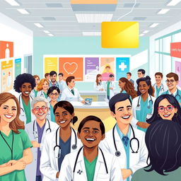 A stylized depiction of a vibrant, bustling one-payer healthcare system in action