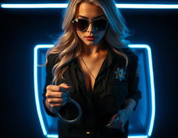 A natural blonde woman with long, wavy hair seen from above, confidently wearing a police uniform with an open blouse that reveals her bosom
