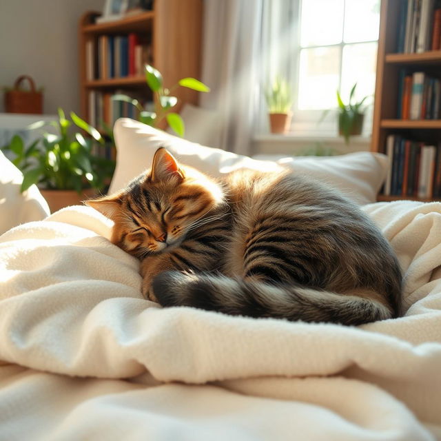 A peaceful scene of a fluffy cat sleeping soundly on a cozy blanket, surrounded by soft pillows