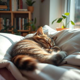A peaceful scene of a fluffy cat sleeping soundly on a cozy blanket, surrounded by soft pillows