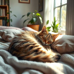 A peaceful scene of a fluffy cat sleeping soundly on a cozy blanket, surrounded by soft pillows