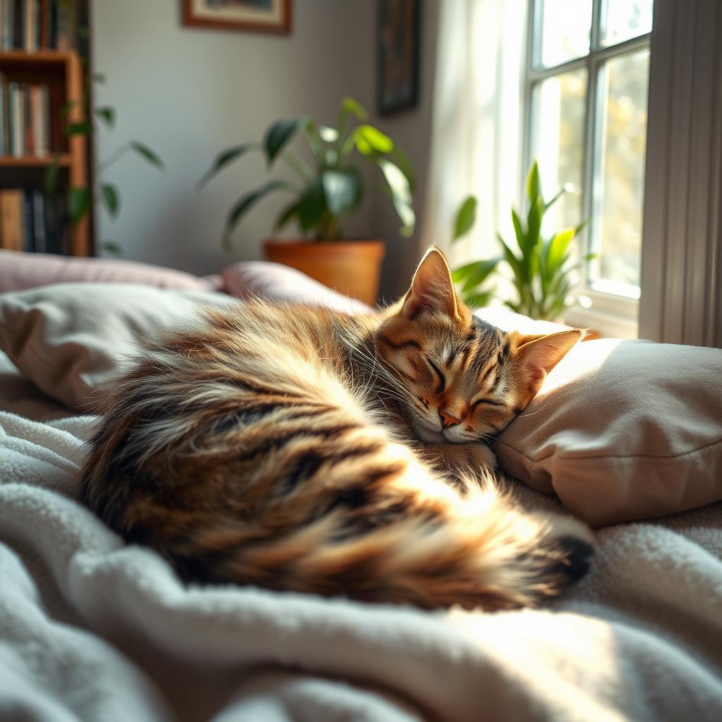 A peaceful scene of a fluffy cat sleeping soundly on a cozy blanket, surrounded by soft pillows