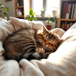 A peaceful scene of a fluffy cat sleeping soundly on a cozy blanket, surrounded by soft pillows