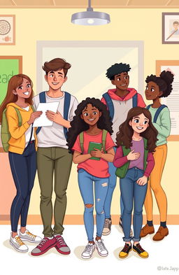 A vibrant and inspiring illustration of a diverse group of teenagers embodying independence, empathy, and compassion