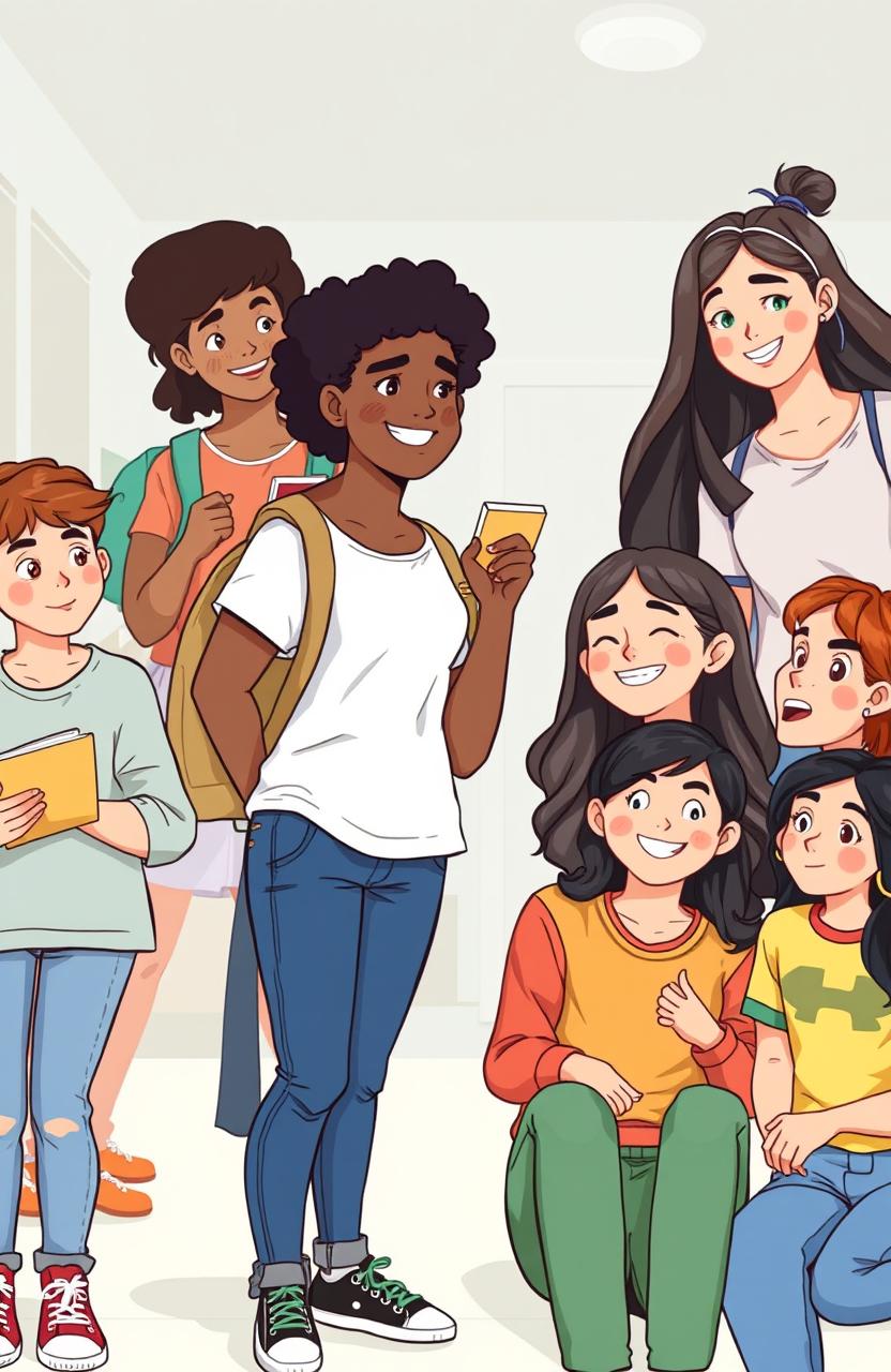 A vibrant and inspiring illustration of a diverse group of teenagers embodying independence, empathy, and compassion