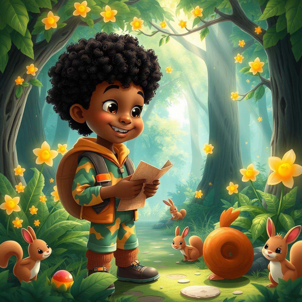 A whimsical scene in a magical forest, featuring Raynan, an 8-year-old dark-skinned boy with curly hair, dressed in a colorful explorer outfit