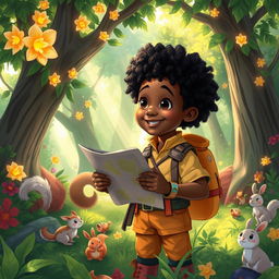A whimsical scene in a magical forest, featuring Raynan, an 8-year-old dark-skinned boy with curly hair, dressed in a colorful explorer outfit
