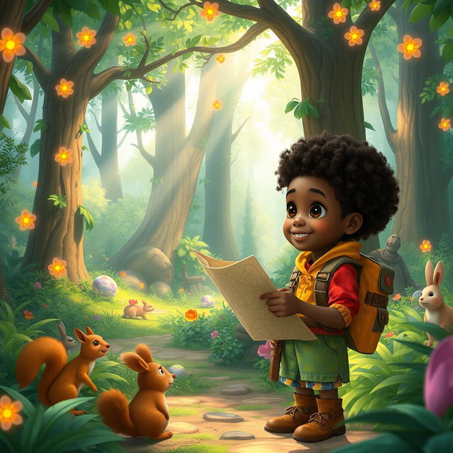 A whimsical scene in a magical forest, featuring Raynan, an 8-year-old dark-skinned boy with curly hair, dressed in a colorful explorer outfit