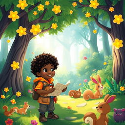 A whimsical scene in a magical forest, featuring Raynan, an 8-year-old dark-skinned boy with curly hair, dressed in a colorful explorer outfit