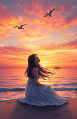 A serene and introspective scene depicting a person sitting on a peaceful beach at sunset, gazing into the horizon