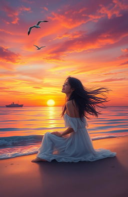 A serene and introspective scene depicting a person sitting on a peaceful beach at sunset, gazing into the horizon