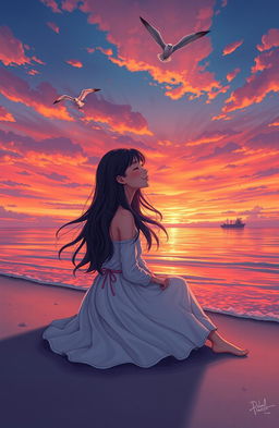 A serene and introspective scene depicting a person sitting on a peaceful beach at sunset, gazing into the horizon