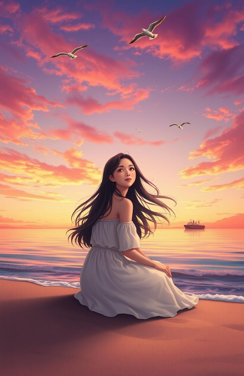 A serene and introspective scene depicting a person sitting on a peaceful beach at sunset, gazing into the horizon