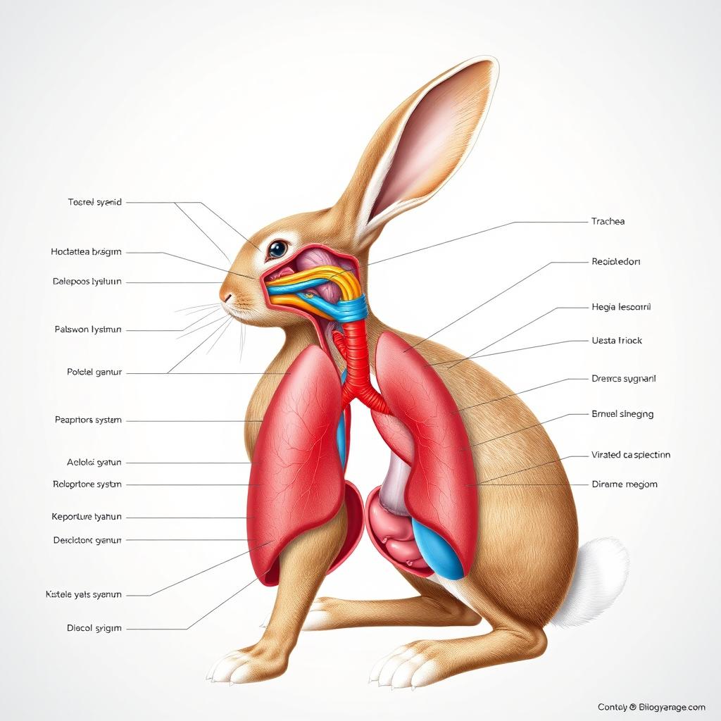 An ultra-detailed and anatomical illustration of the respiratory system of a rabbit, showcasing all components including the trachea, bronchi, lungs, alveoli, and diaphragm