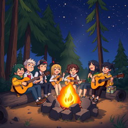 A cozy scene of animated characters enjoying a beautiful night outdoors around a campfire