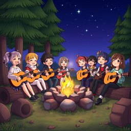A cozy scene of animated characters enjoying a beautiful night outdoors around a campfire