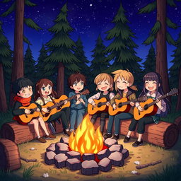 A cozy scene of animated characters enjoying a beautiful night outdoors around a campfire