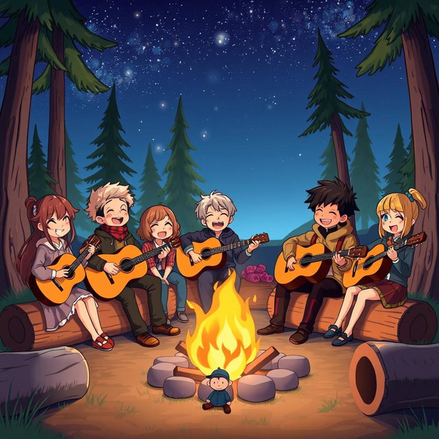 A cozy scene of animated characters enjoying a beautiful night outdoors around a campfire